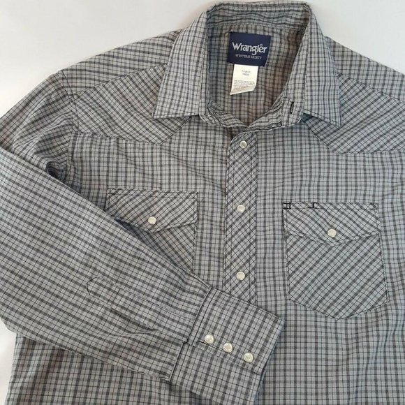 Wrangler Pearl Snap Blue Gray Plaid Long Sleeve We - Picture 3 of 10